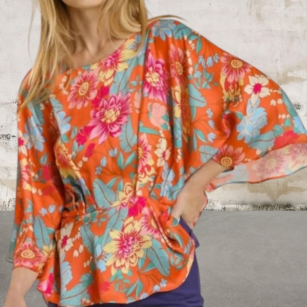 Umgee Women’s Floral Print Peplum Top In Tangerine Small NWT
